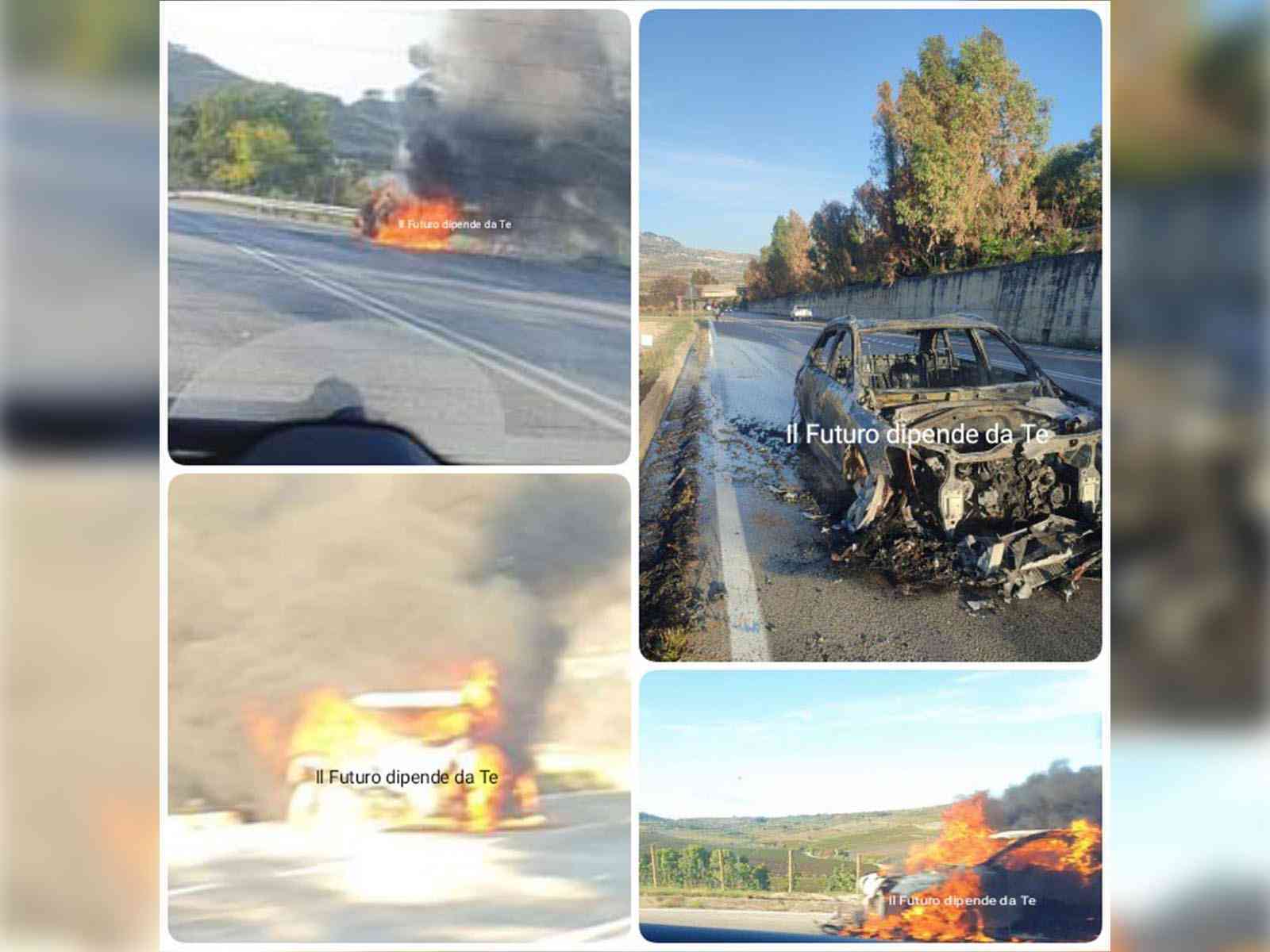 Immagine articolo: Auto in fiamme sulla Fondovalle, Palermo - Sciacca, paura per una coppia a bordo