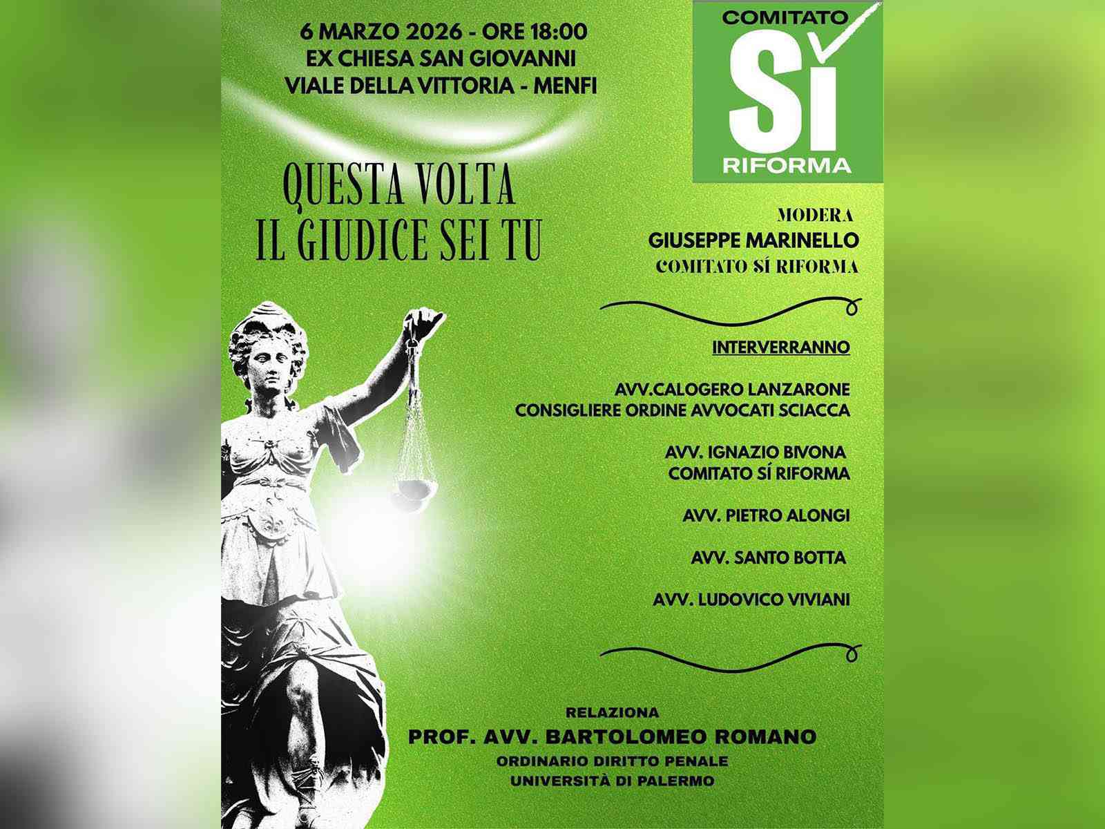 Immagine articolo: Menfi, venerdì 6 un incontro pubblico del Comitato del “Sì“ sul referendum giustizia