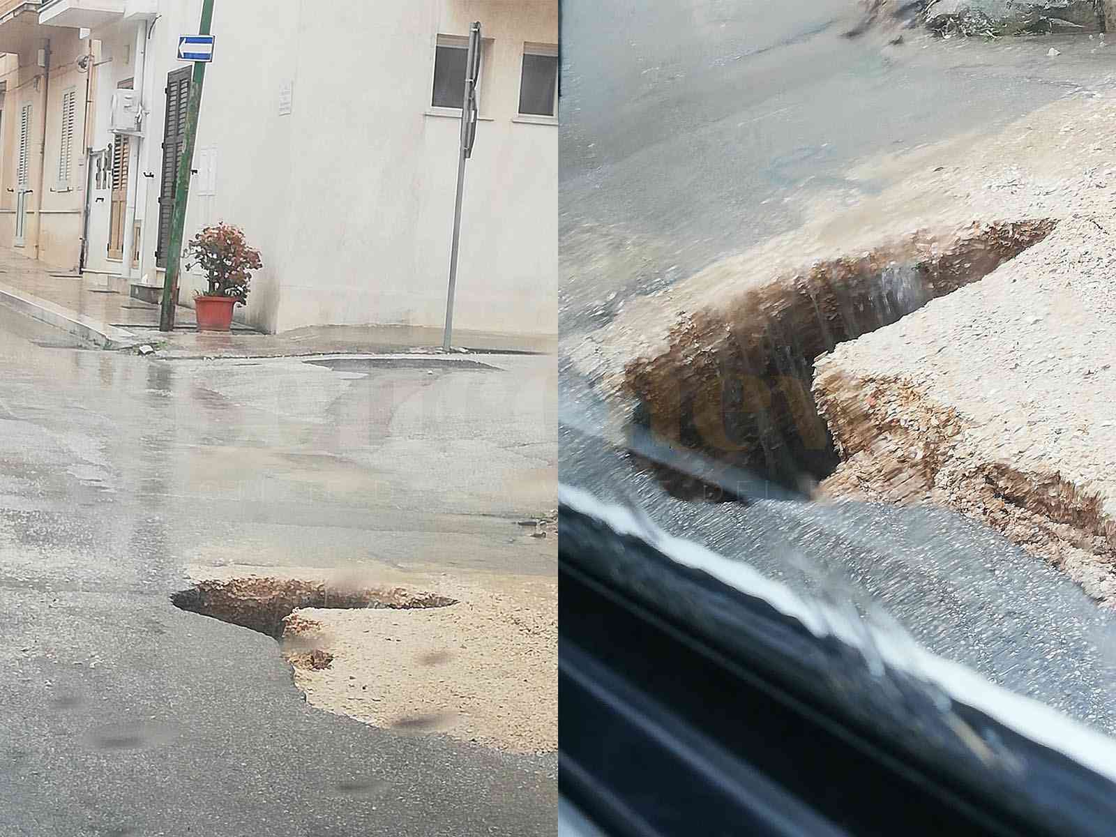 Immagine articolo: Menfi. Pioggia apre voragine all'incrocio tra via Matteotti e via Raffaello