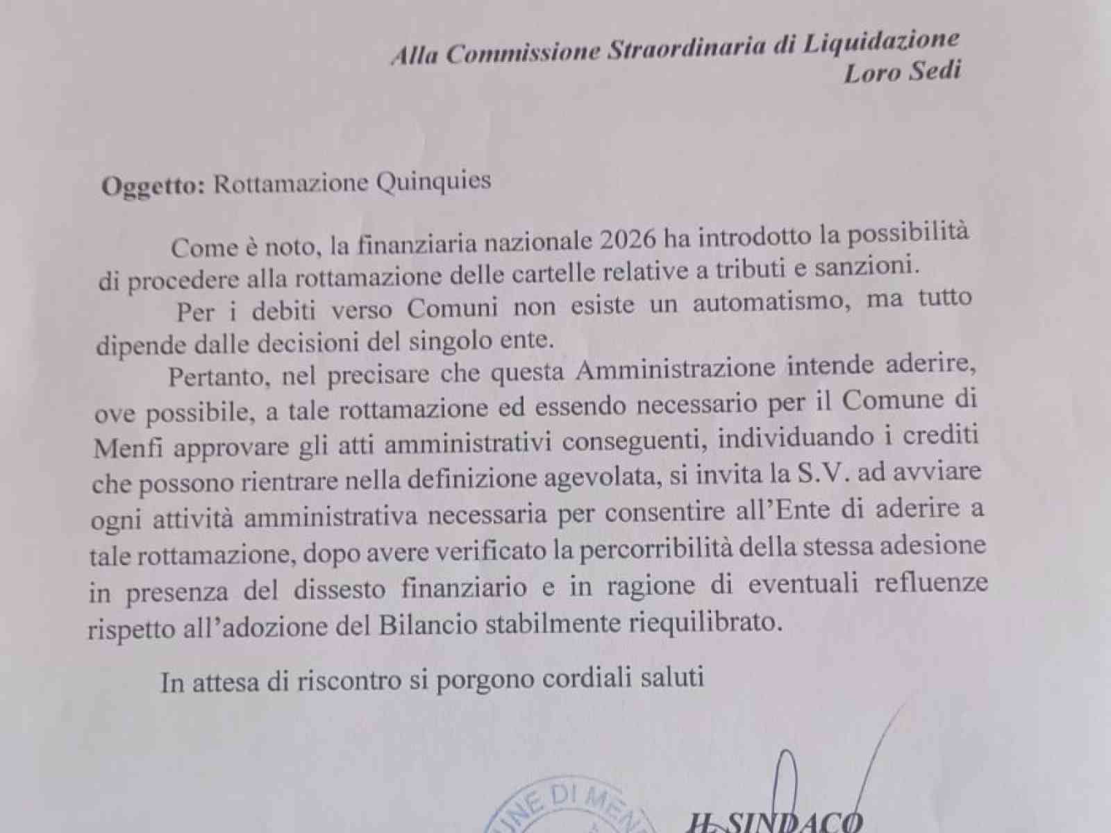 Immagine articolo: Menfi. L'Amministrazione su Rottamazione Quinquies: “Procedure di adesione avviate il 3 febbraio“